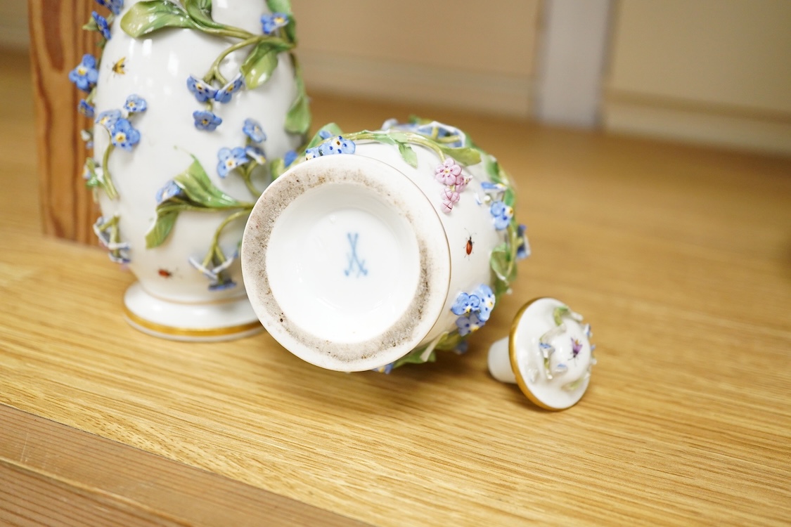A pair of late 19th century Meissen flower encrusted vases and covers, 20cm high